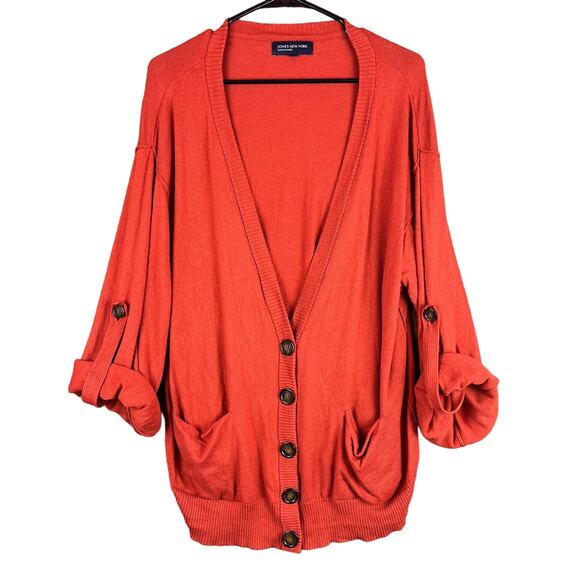 Jones New York Womens Sweater Orange Cardigan Cashmere Button Up Roll Tab XL - Picture 1 of 13
